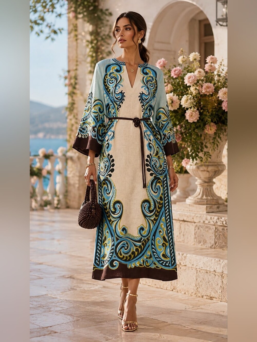 X 1 Made In Italy Linen Cotton Elegant Blue & Cream Maxi Dress with Belt